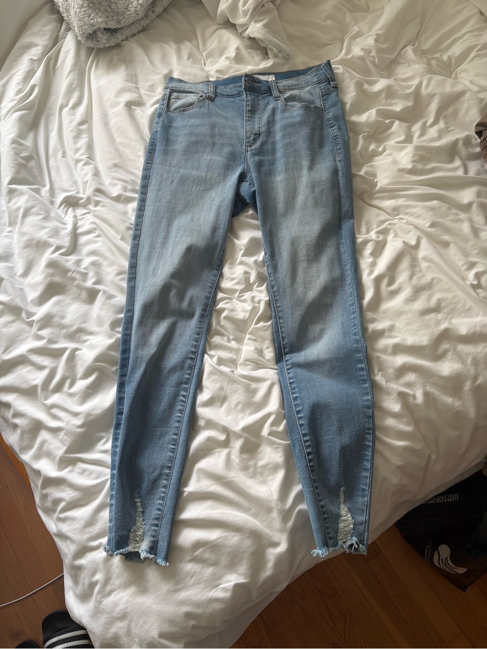 Garage Light Blue High Rise Skinny Jeans with Distressed Hem